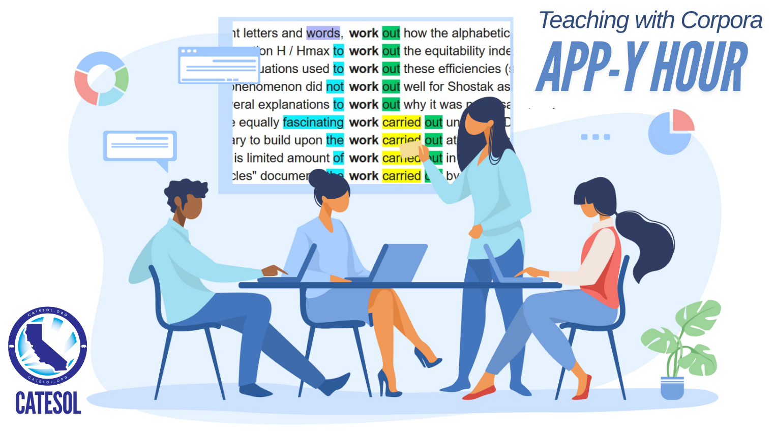 Image of people having a discussion at a desk teaching with corpora app y hour