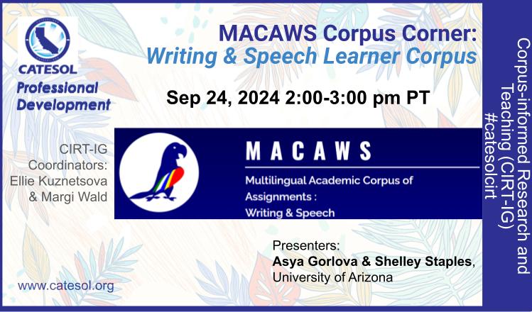 Image MACAWS Corpus Corner Writing and Speech Learner Corpus Sept 24th 2 to 3